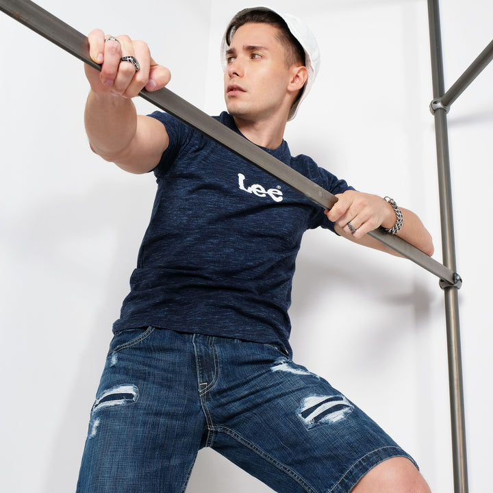 MENS SLIM DENIM SHORTS IN PATCH & REPAIR DARK WASH