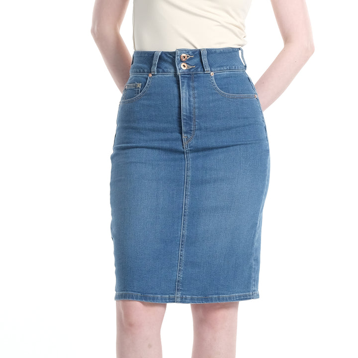 LEE LADIES HIGH WAIST PENCIL CUT DENIM SKIRT IN LT.WASH