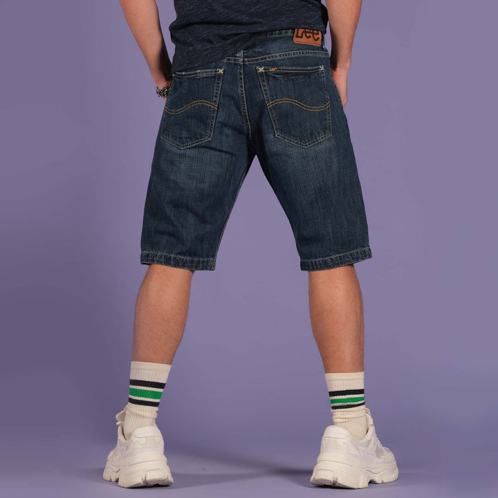 MENS SLIM DENIM SHORTS IN PATCH & REPAIR DARK WASH