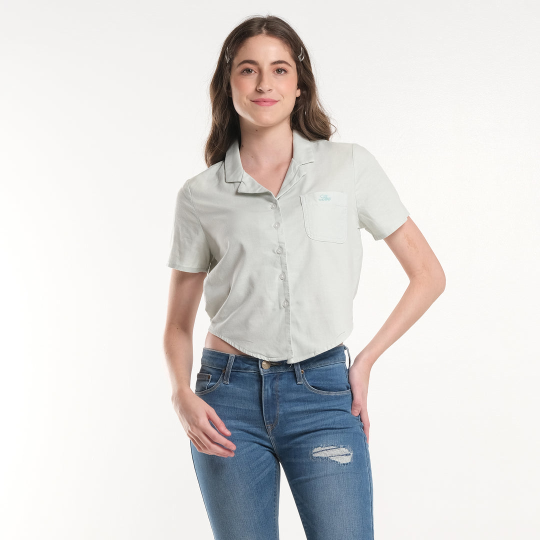 WOMENS MODIFIED WOVEN CROPTOP POLO IN SAGE GREEN
