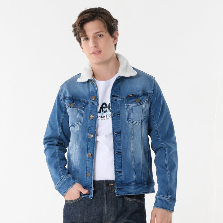 LEE MENS SHERPA DENIM JACKET IN MID BLUE