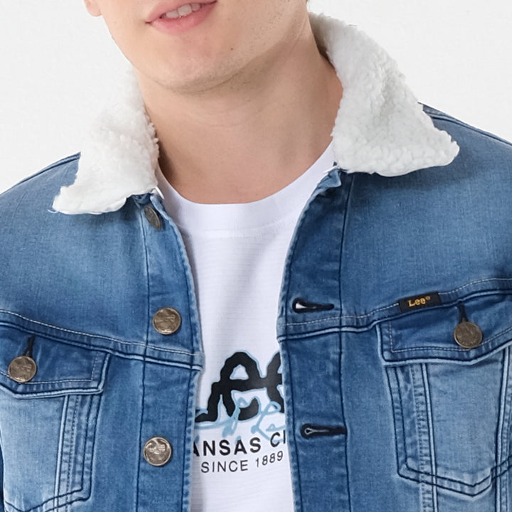 LEE MENS SHERPA DENIM JACKET IN MID BLUE