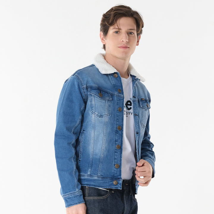LEE MENS SHERPA DENIM JACKET IN MID BLUE