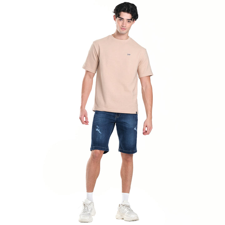 MENS DENIM SHORTS IN BLUE NOTES WITH DISTRESS