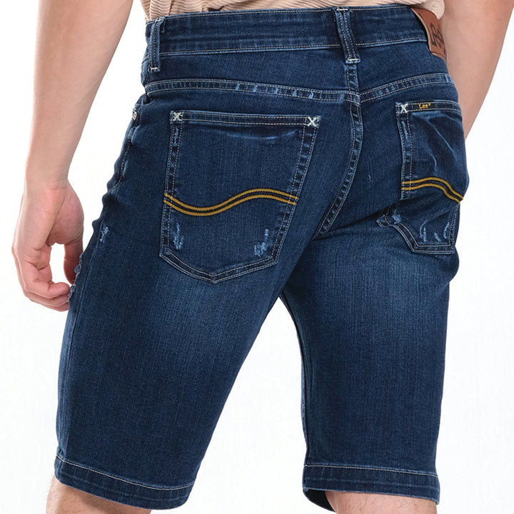 MENS DENIM SHORTS IN BLUE NOTES WITH DISTRESS