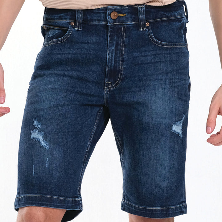 MENS DENIM SHORTS IN BLUE NOTES WITH DISTRESS