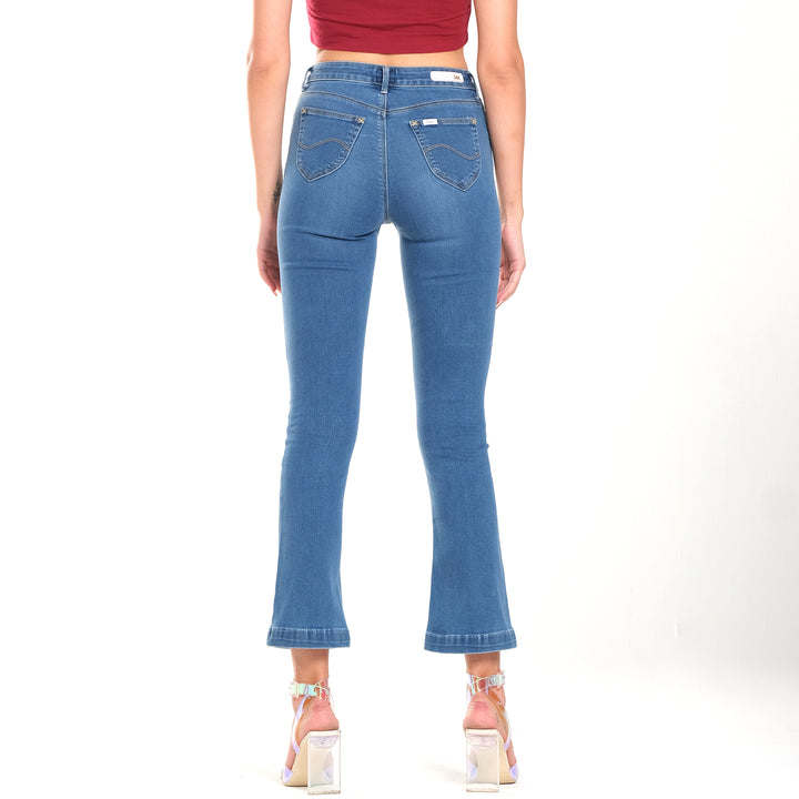WOMENS FLARE DENIM JEANS IN MID BLUE