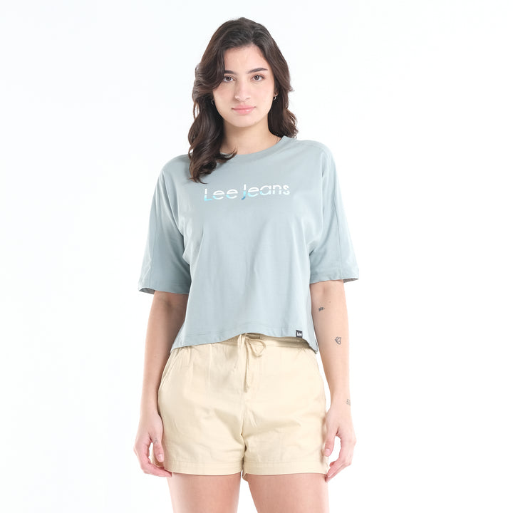 LEE LADIES LOOSE CROPPED TEE; TWO-TONED COLORED PRINT