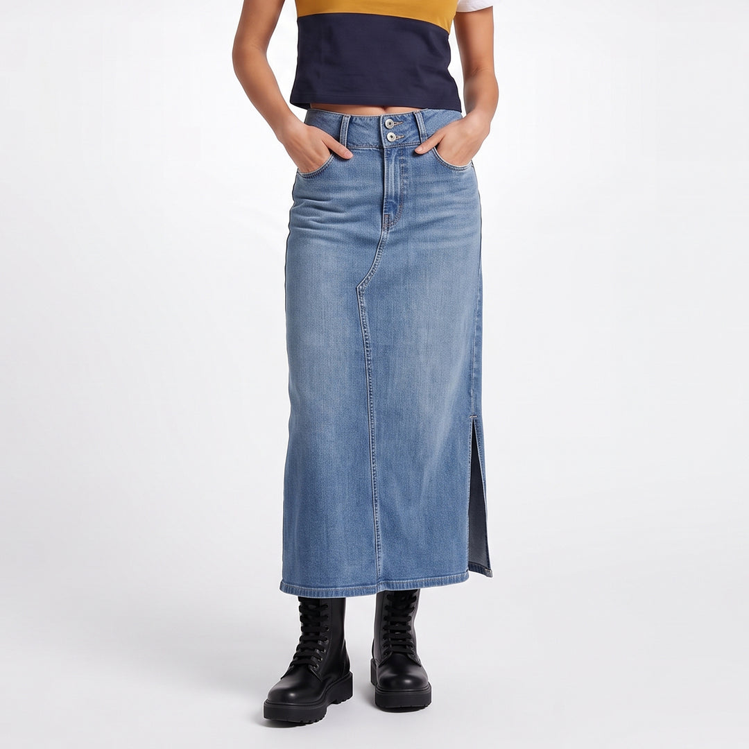 LEE LADIES DENIM LONG SKIRT IN LT. WASH