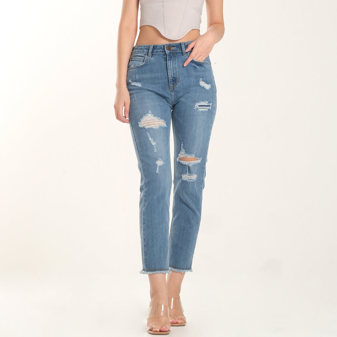 WOMEN HIGH RISE STRAIGHT DENIM JEANS IN PATCH & REPAIR