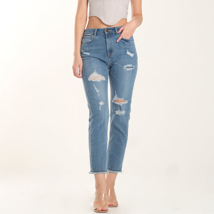 WOMEN HIGH RISE STRAIGHT DENIM JEANS IN PATCH & REPAIR