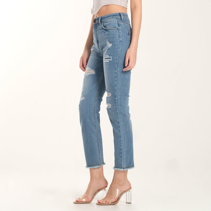 WOMEN HIGH RISE STRAIGHT DENIM JEANS IN PATCH & REPAIR