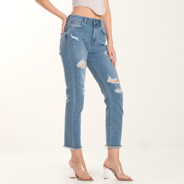 WOMEN HIGH RISE STRAIGHT DENIM JEANS IN PATCH & REPAIR