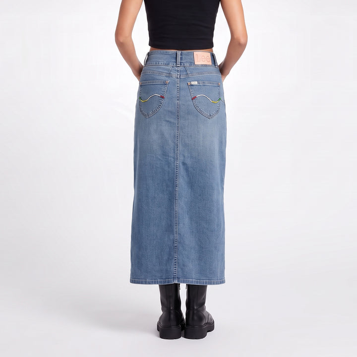 LEE LADIES DENIM LONG SKIRT IN LT. WASH