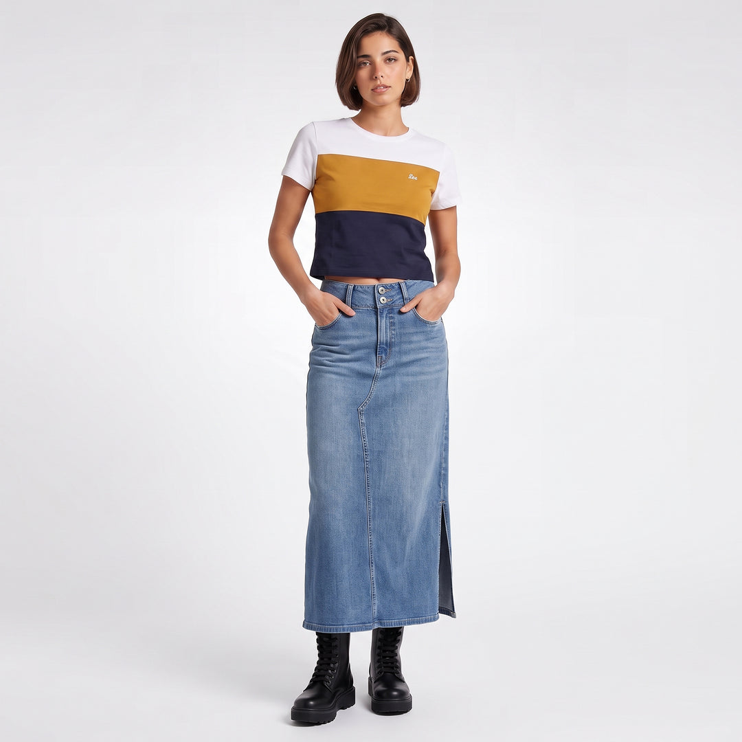 LEE LADIES DENIM LONG SKIRT IN LT. WASH