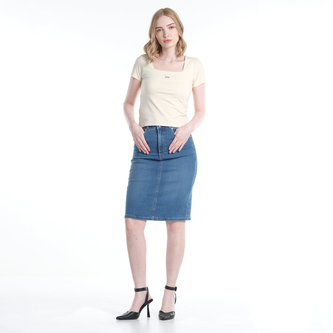 LEE LADIES HIGH WAIST PENCIL CUT DENIM SKIRT IN LT.WASH