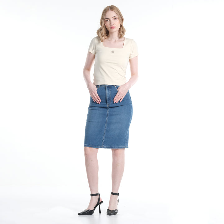 LEE LADIES HIGH WAIST PENCIL CUT DENIM SKIRT IN LT.WASH