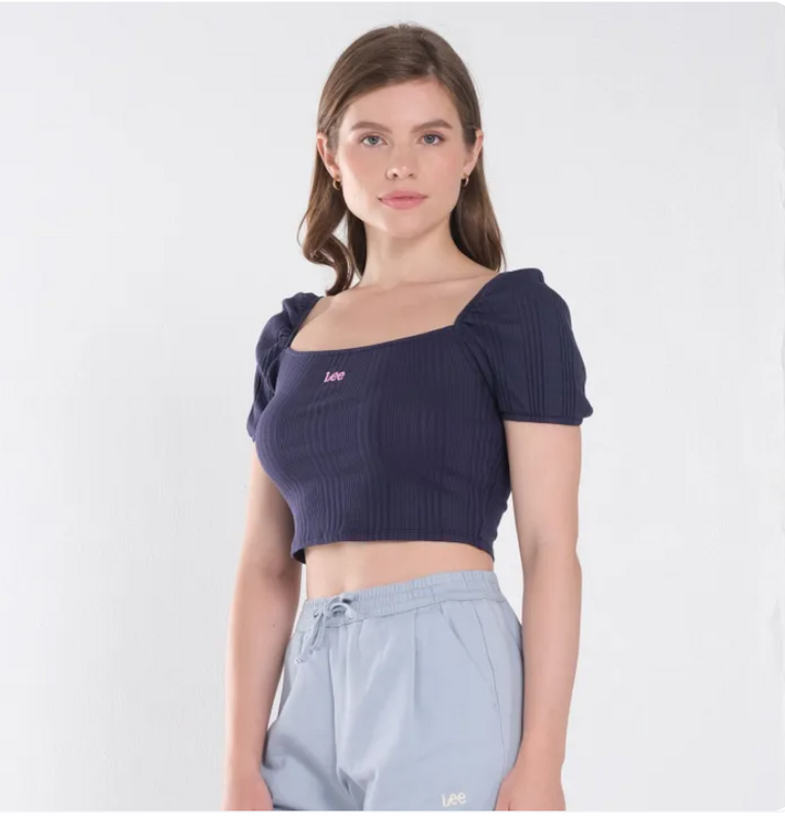 LEE LADIES PUFF SLEEVE SEXY CROP TOP WITH EMROIDERED LOGO