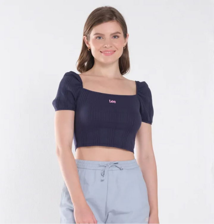 LEE LADIES PUFF SLEEVE SEXY CROP TOP WITH EMROIDERED LOGO