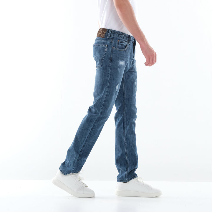 LEE MENS STRAIGHT SLIM DENIM PANTS IN BLUE DAMAGE