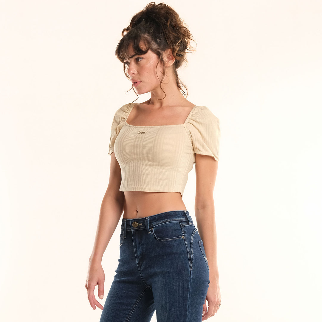 LEE LADIES PUFF SLEEVE SEXY CROP TOP WITH EMROIDERED LOGO