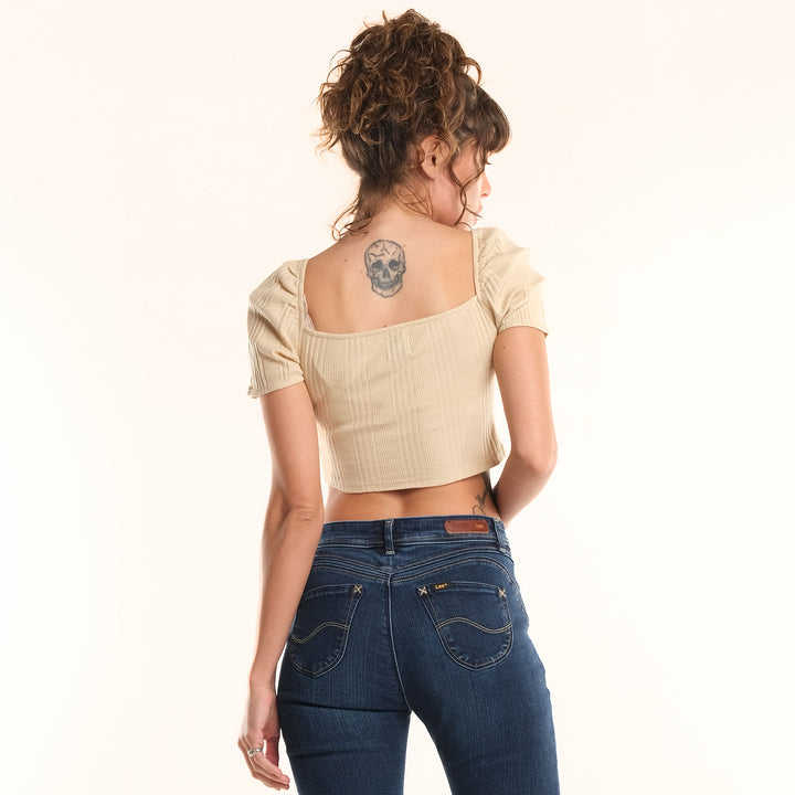 LEE LADIES PUFF SLEEVE SEXY CROP TOP WITH EMROIDERED LOGO