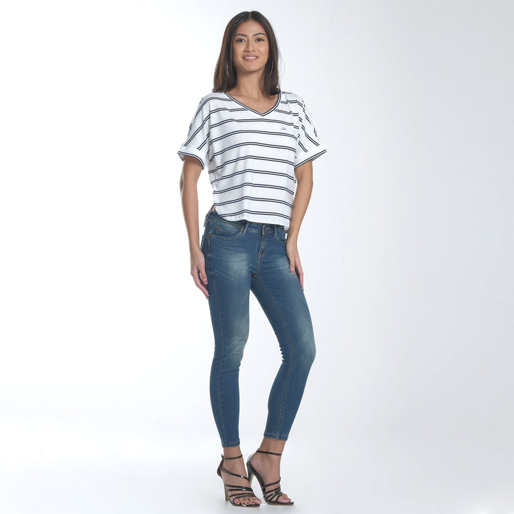 WOMENS DOLMAN STRIPES V-NECK TEE IN WHITE/NAVY BLUE