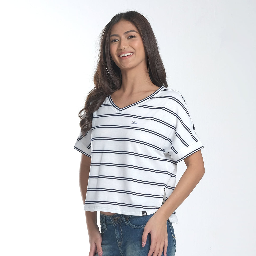 WOMENS DOLMAN STRIPES V-NECK TEE IN WHITE/NAVY BLUE