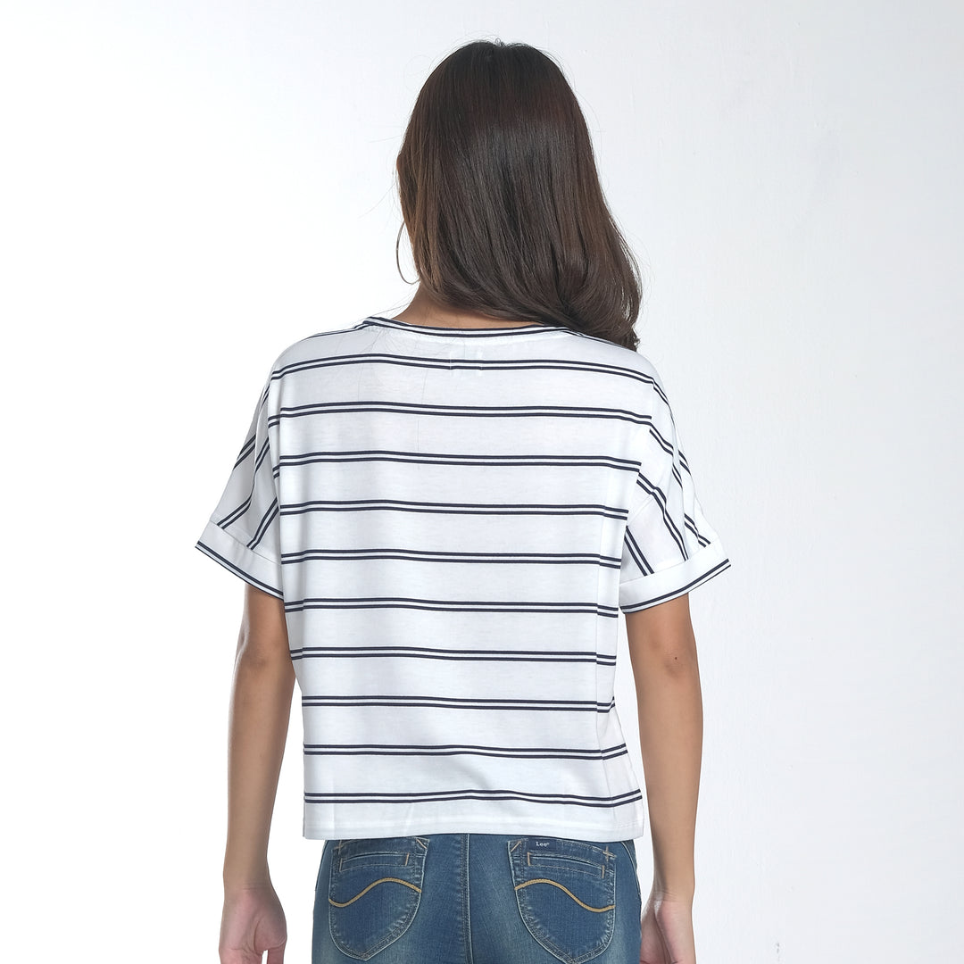 WOMENS DOLMAN STRIPES V-NECK TEE IN WHITE/NAVY BLUE