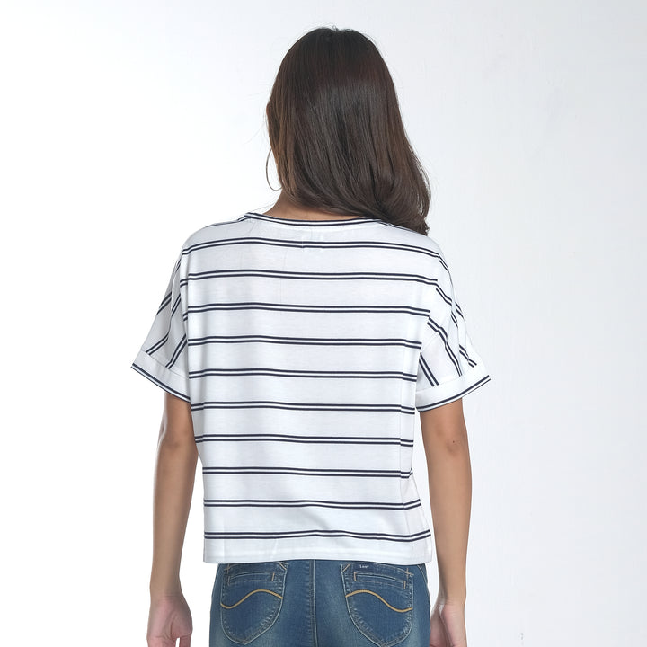 WOMENS DOLMAN STRIPES V-NECK TEE IN WHITE/NAVY BLUE
