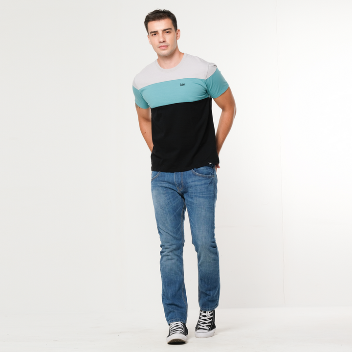 MENS CUT & SEW COLOR BLOCK TEE WITH IN TEAL